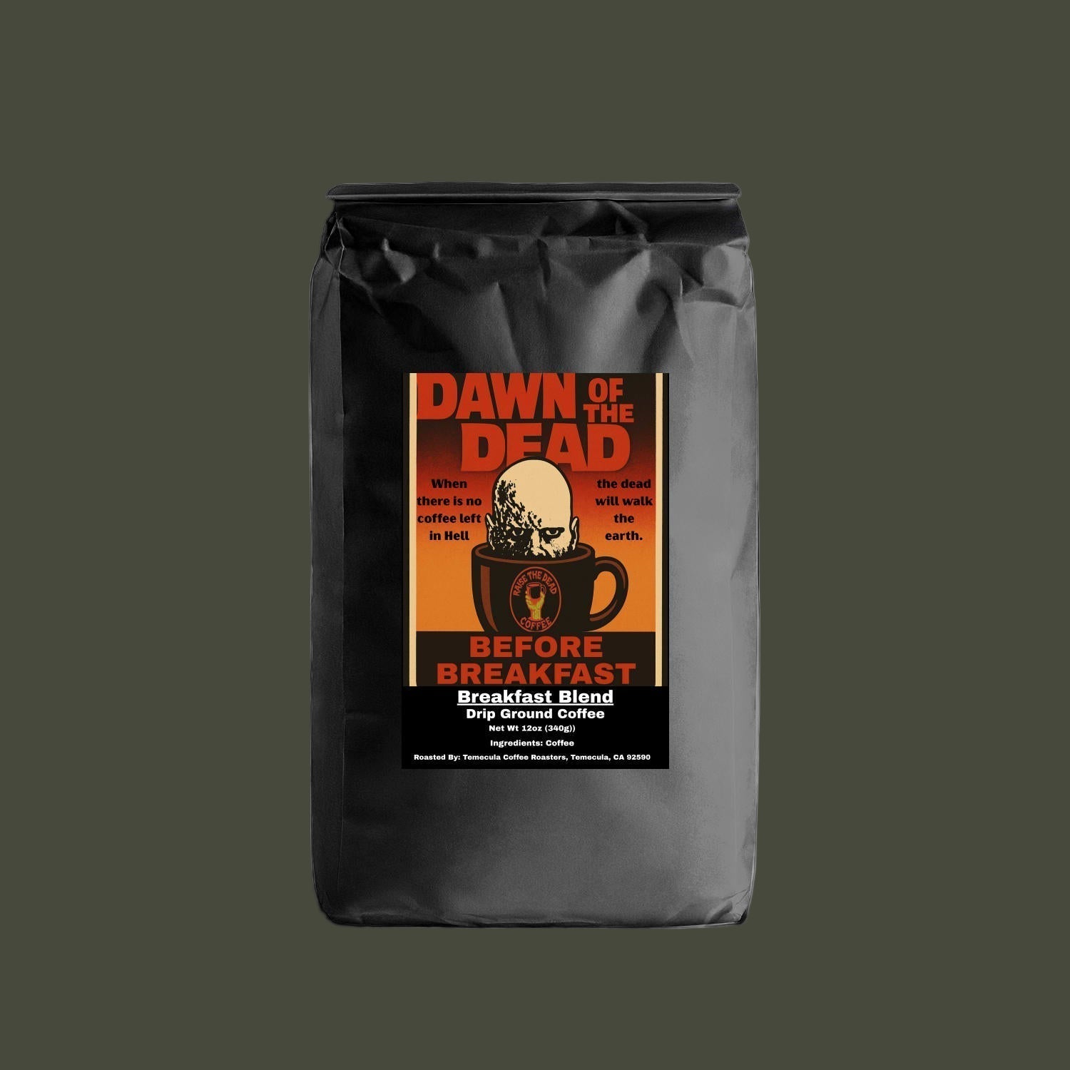 Coffee bag with 'Dawn of the Dead' movie poster design on a white background
